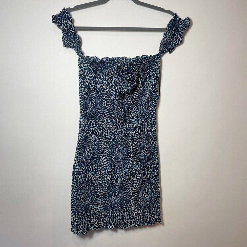 Free People Abstract Print Off Shoulder Smocked Mini Dress Blue Small Tie Neck‎